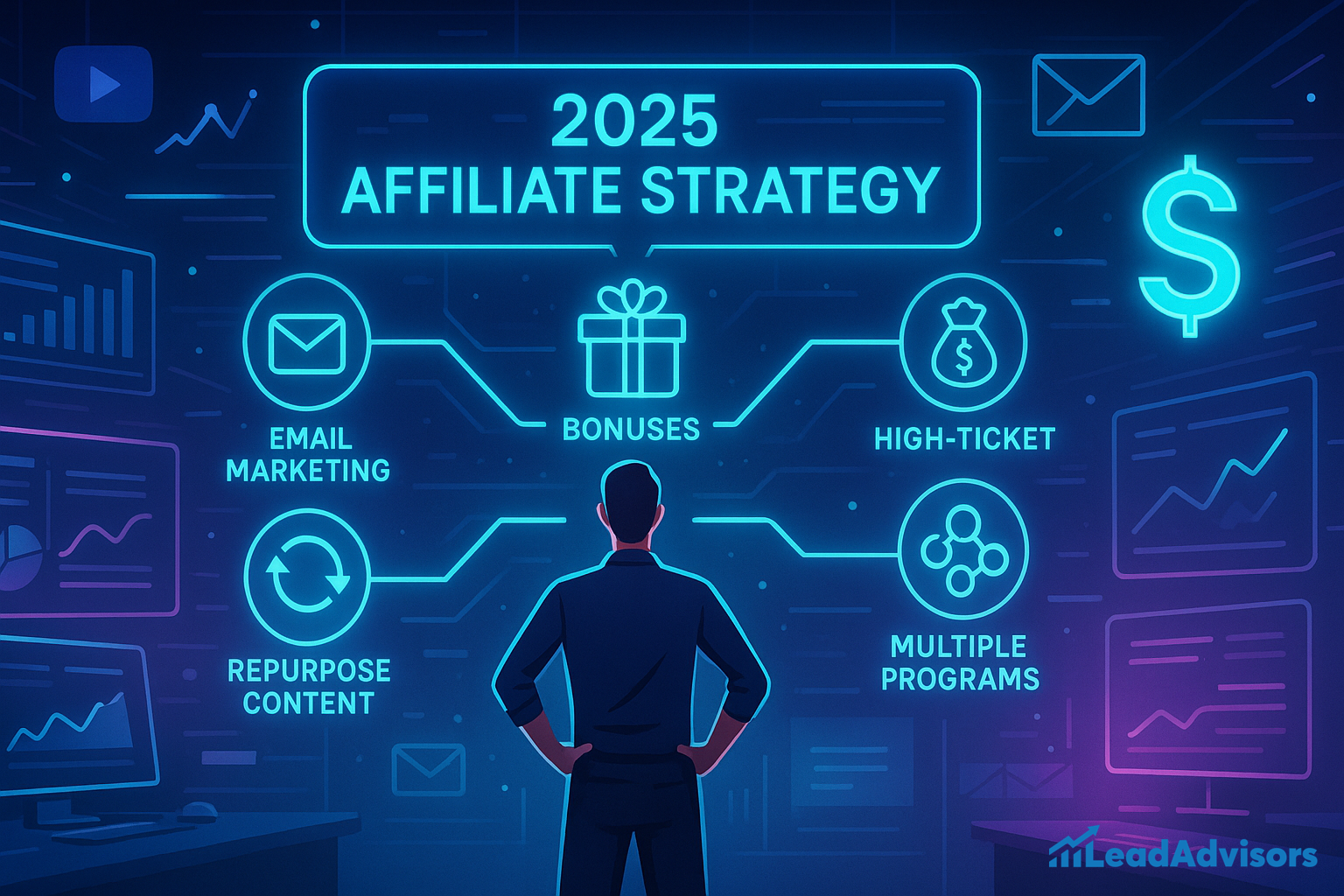 A digital illustration titled “2025 Affiliate Strategy” featuring a person standing in front of glowing data screens and icons. Key affiliate strategy elements are connected to the central theme: Email Marketing, Repurpose Content, Bonuses, High-Ticket, and Multiple Programs. The background shows financial charts, email icons, and digital growth metrics, representing a modern, data-driven approach to affiliate marketing success. The scene is branded with the LeadAdvisors logo.