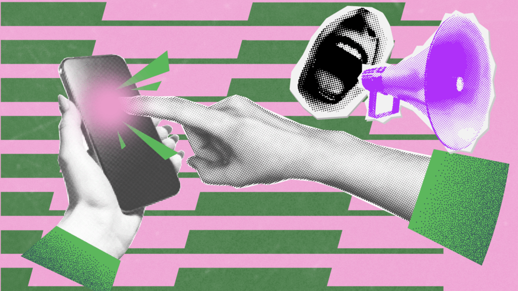 A bold, pop-art-style collage featuring a dotted hand pressing a glowing button on a smartphone, with visual sound cues symbolized by green rays, a shouting mouth, and a purple megaphone. The background consists of alternating pink and green stripes, giving the image a loud, dynamic, and expressive tone—symbolizing social media engagement, digital activism, or viral communication.