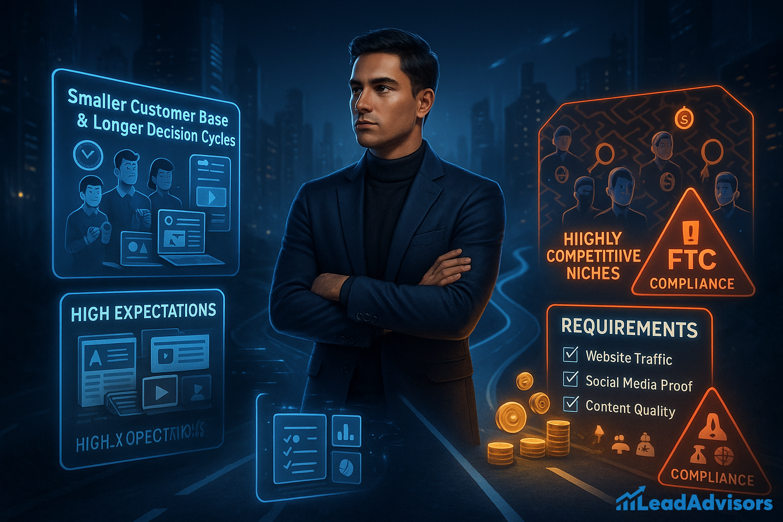 A confident man in a dark suit stands with arms crossed in a futuristic city setting. The image is split between the challenges of high-ticket affiliate marketing. On the left, glowing blue panels highlight “Smaller Customer Base & Longer Decision Cycles,” “High Expectations,” and analytics-driven content. On the right, orange warning-themed panels emphasize “Highly Competitive Niches,” “FTC Compliance,” and “Requirements” such as website traffic, social media proof, and high content quality. Coins and regulatory icons represent both reward and risk in the field.
