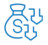 Icon of a money bag with a dollar sign and a downward arrow, symbolizing cost reduction.