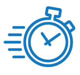 Icon of a stopwatch with motion lines, indicating faster response times.