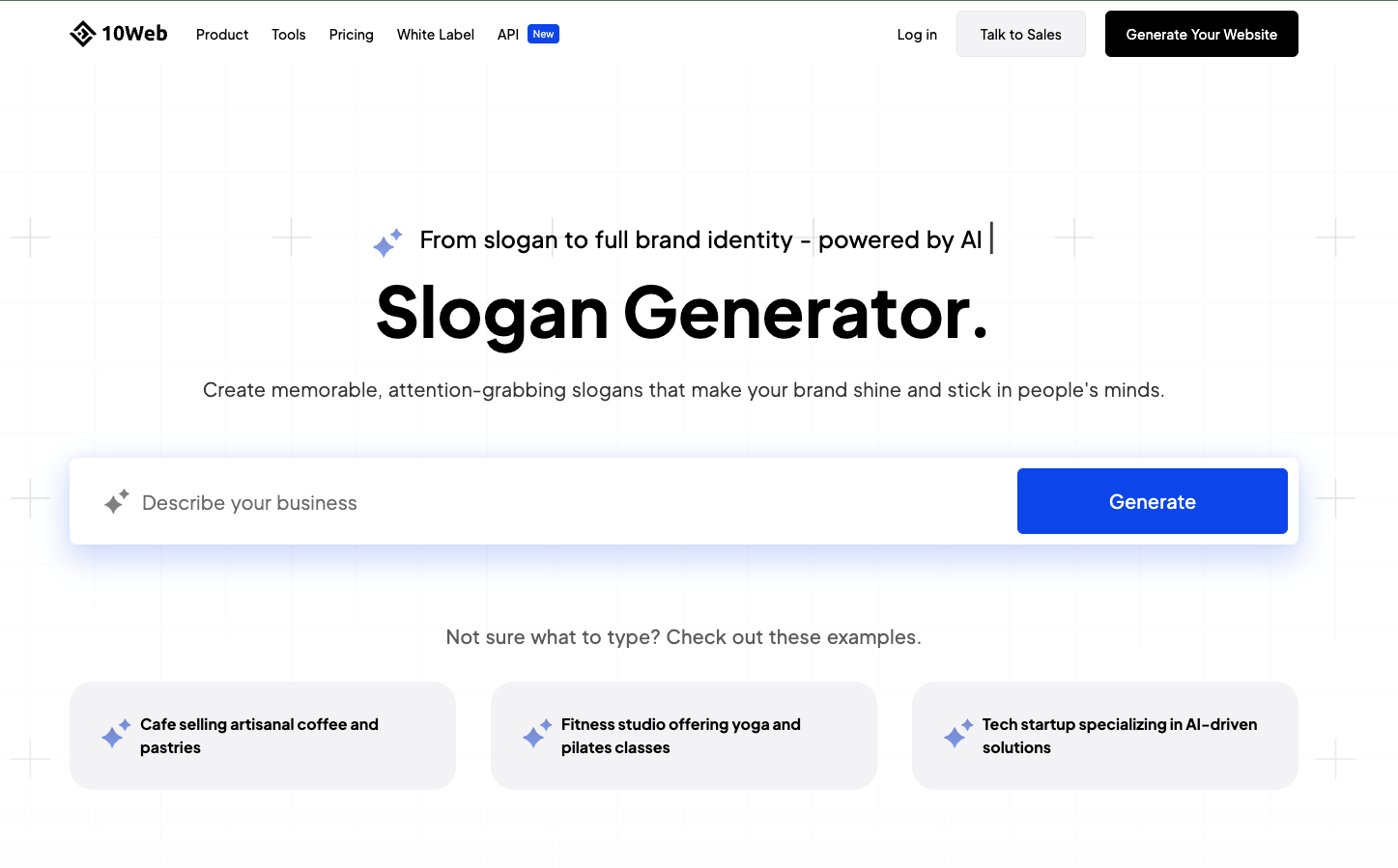 10Web slogan generator showing business input field and preset business type examples for fast slogan creation