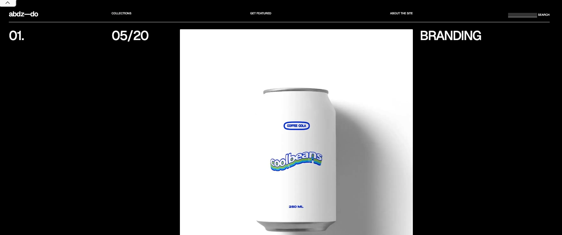 Homepage of Abduzeedo showcasing minimalist branding design with a white can mockup, alongside design tips, tutorials, and creative showcases.