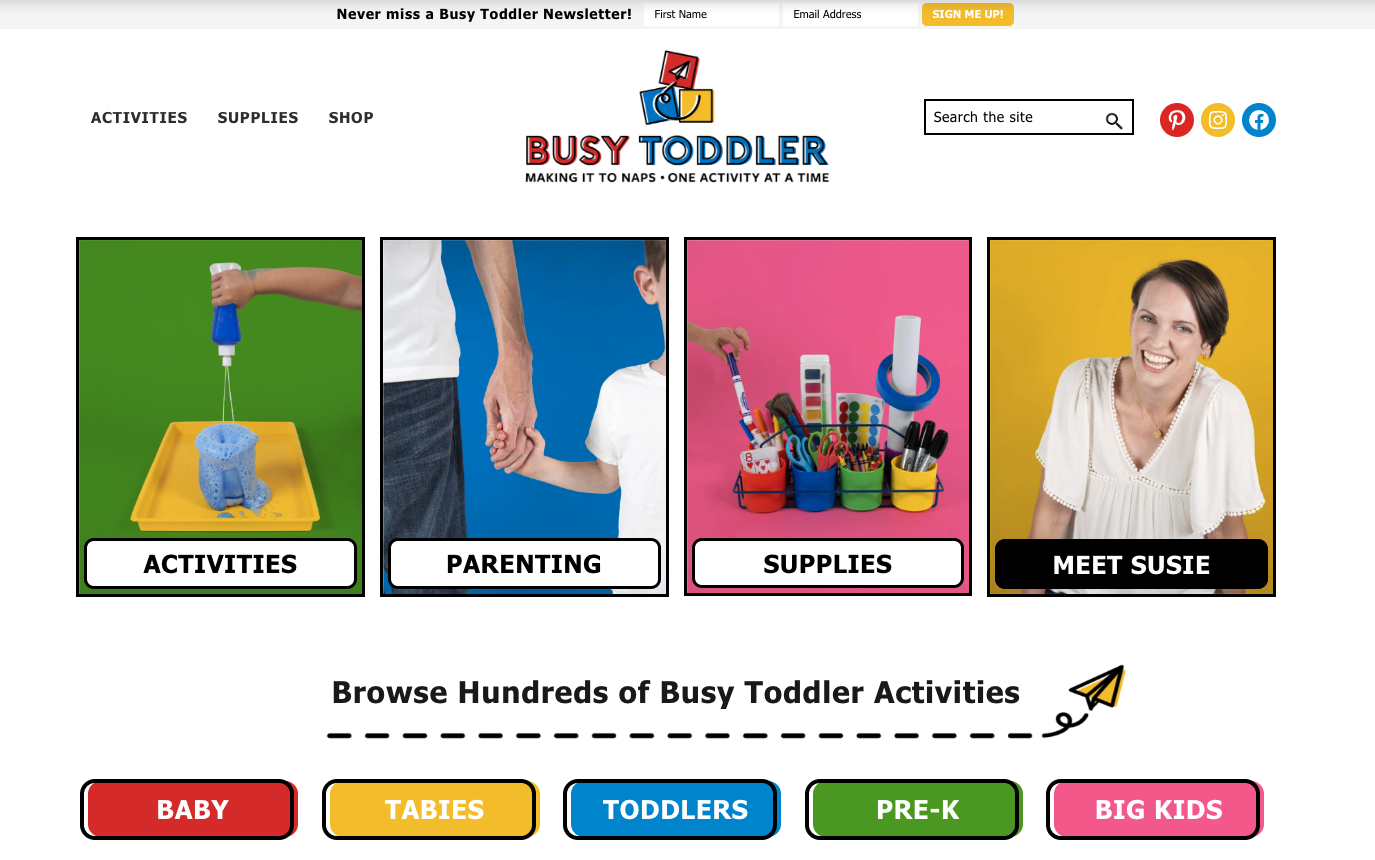 Homepage of Busy Toddler blog with bright visuals for activities, parenting tips, and supplies, including navigation by age group from babies to big kids.
