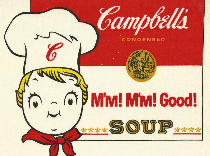 Campbell’s soup label featuring a vintage cartoon chef and the slogan 'M’m! M’m! Good!', capturing nostalgic and sensory appeal in a famous food slogan.