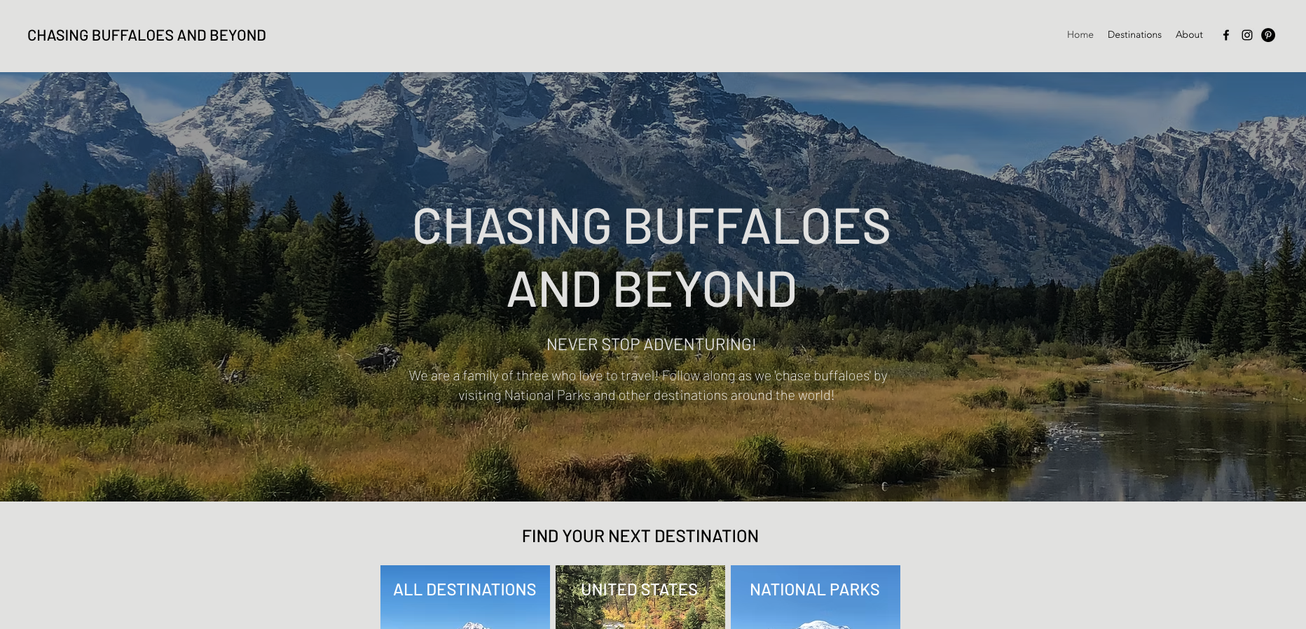 Homepage of Chasing Buffaloes and Beyond, showing a scenic mountain and river view with the blog title overlayed, focused on family-friendly national park travel.