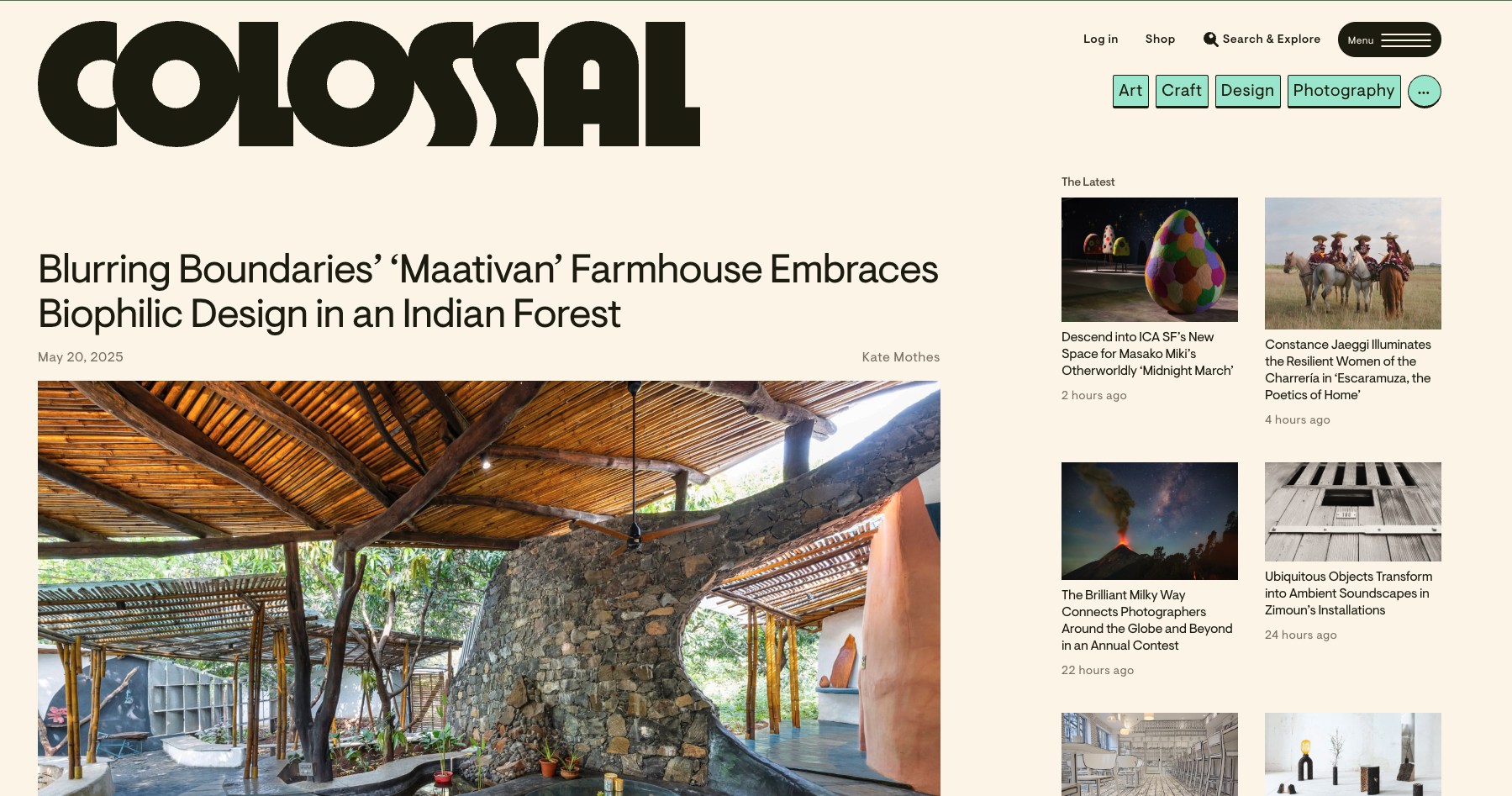 Homepage of Colossal featuring artistic architecture, bold editorial visuals, and trending global creative features in a clean grid layout.