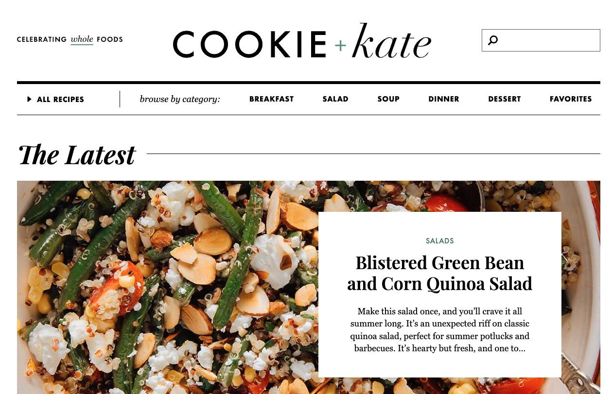 Screenshot of Cookie and Kate homepage showing a featured salad recipe and a clean navigation bar with filters for meals like soup, salad, and dinner.