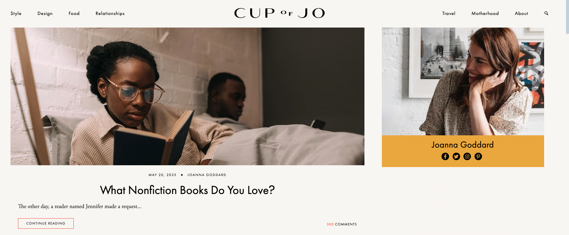 Screenshot of the Cup of Jo homepage, showing a featured article titled "What Nonfiction Books Do You Love?" and an image of Joanna Goddard on the sidebar.