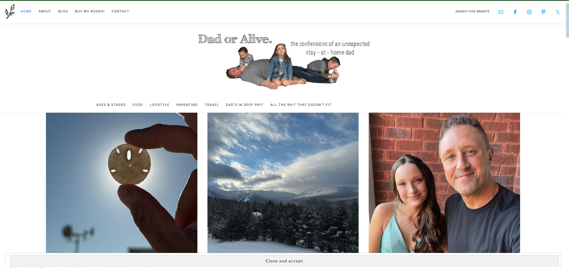 Screenshot of Dad or Alive blog showing a humorous family-focused banner and three lifestyle images, including children, a mountain landscape, and a selfie of the author with his child.