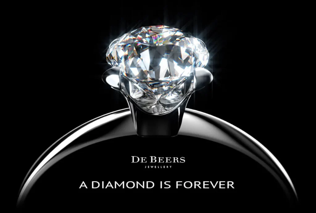Close-up of a diamond ring with the slogan 'A Diamond Is Forever,' representing luxury, permanence, and one of the most iconic famous slogans in jewelry marketing.