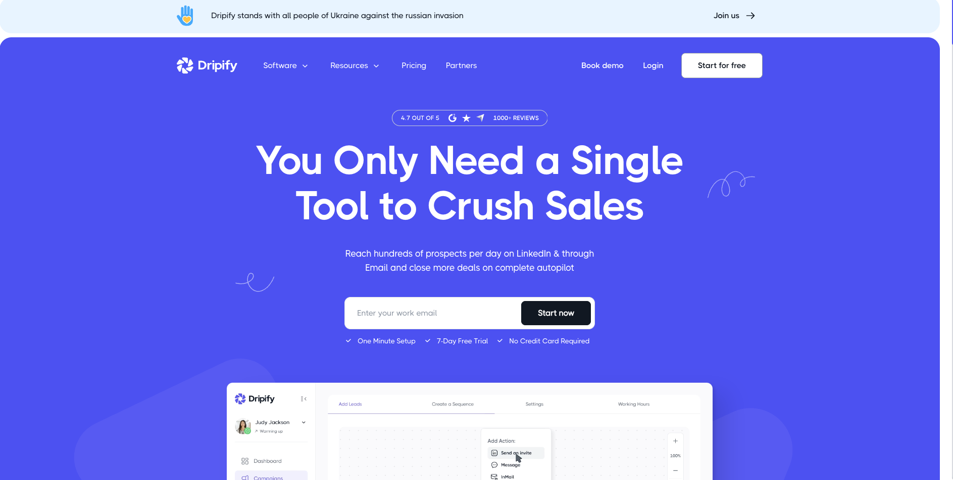 Homepage of Dripify showing the LinkedIn automation software’s value proposition: "You Only Need a Single Tool to Crush Sales"