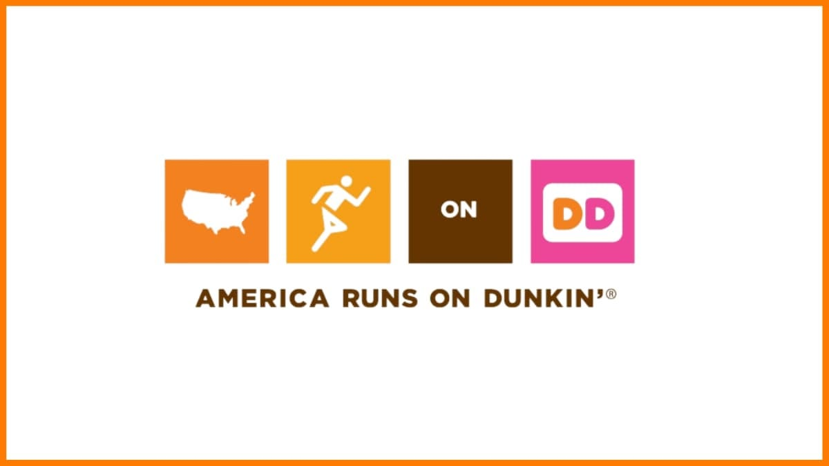 Four colorful icons spelling out 'America Runs on Dunkin’' in a grid layout, visually representing the famous Dunkin’ slogan tied to American lifestyle and coffee culture.