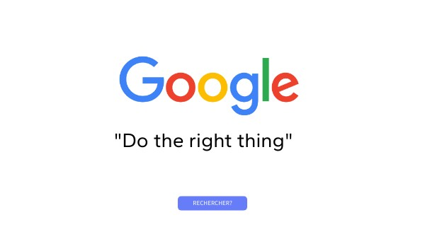 Google logo with the ethical slogan 'Do the right thing' beneath it, representing a mission-driven and value-centered famous slogan in tech.