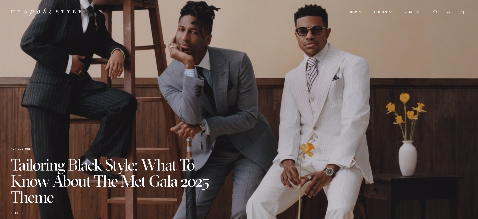 Homepage of He Spoke Style showing three stylishly dressed men, including a featured article on Black style and the Met Gala theme.