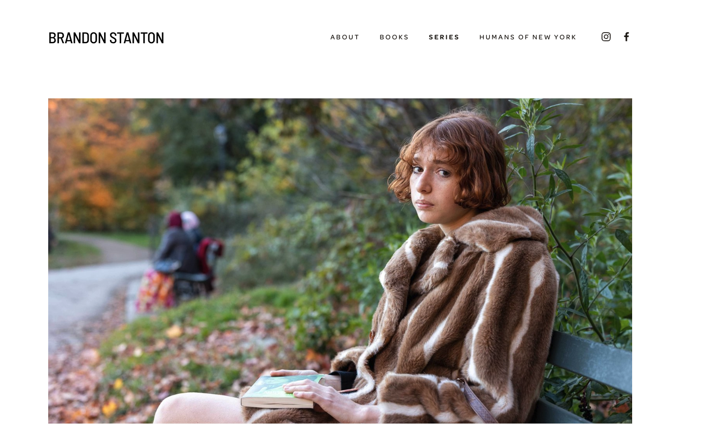 Homepage of Humans of New York featuring a candid portrait of a woman in Central Park, with short-form stories capturing everyday New Yorkers.