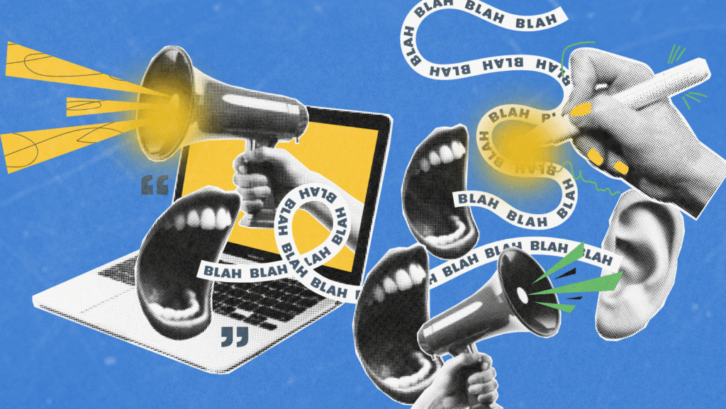 Abstract collage showing megaphones, ears, and speech bubbles with 'blah blah' text, symbolizing the noise of marketing and the power of standout slogans and taglines.