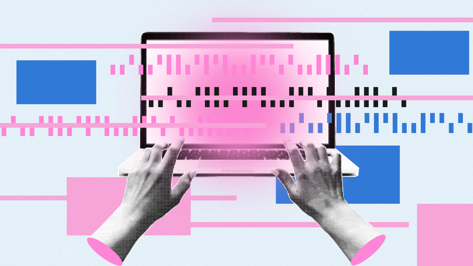 Stylized illustration of hands typing on a laptop with abstract digital graphics, representing modern blog design, content creation, and user interaction online.