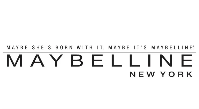 Monochrome Maybelline New York logo with the slogan 'Maybe she’s born with it. Maybe it’s Maybelline.' above it, showcasing one of the most well-known slogans in beauty branding.