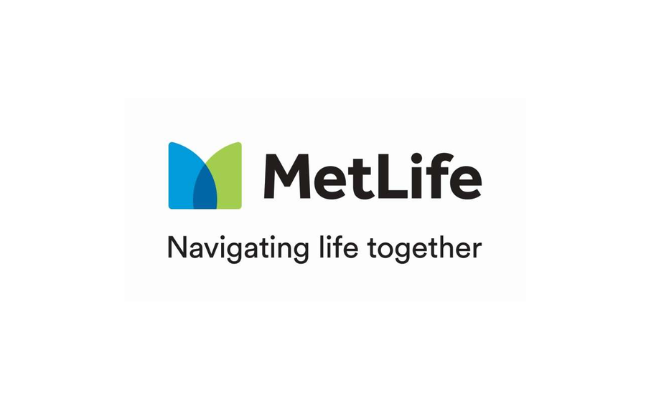 MetLife logo with blue and green graphic next to the slogan 'Navigating life together,' representing a trusted and reassuring famous slogan in the insurance industry.