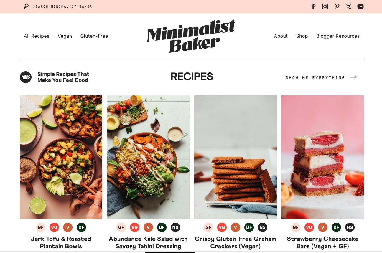 Homepage of Minimalist Baker showing a grid of vibrant recipe images including vegan tofu bowls, salads, and desserts, with tags for dietary needs like gluten-free and dairy-free.