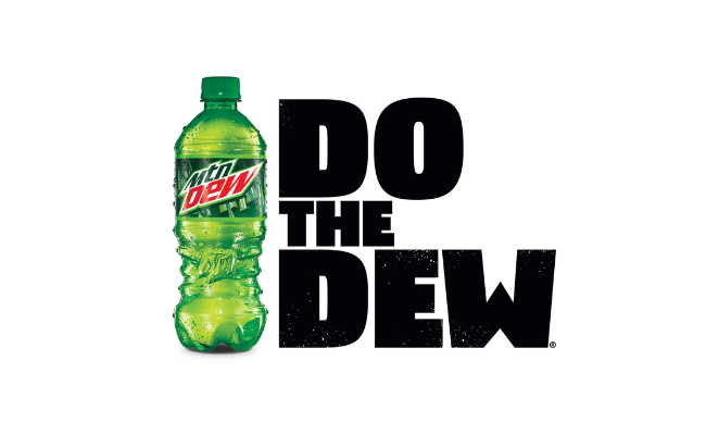 A green Mountain Dew bottle next to the bold black text 'Do the Dew,' showcasing a high-energy, action-oriented famous slogan in beverage marketing.