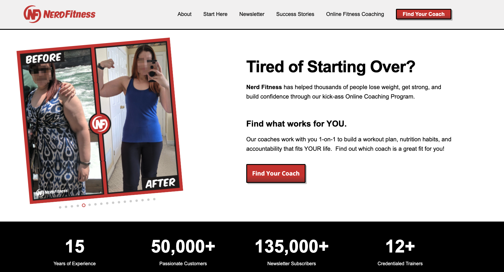 Homepage of Nerd Fitness showing a before-and-after weight loss image and statistics on subscribers and success stories, targeted at nerdy and beginner-friendly fitness.