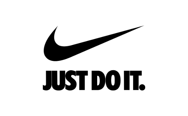 Nike logo with the famous slogan 'Just Do It' in bold black font, representing one of the most iconic and motivational brand slogans in advertising history.