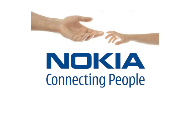 Nokia logo with the slogan 'Connecting People' and two outstretched hands almost touching, symbolizing connection and communication in one of the most famous slogans in technology branding.