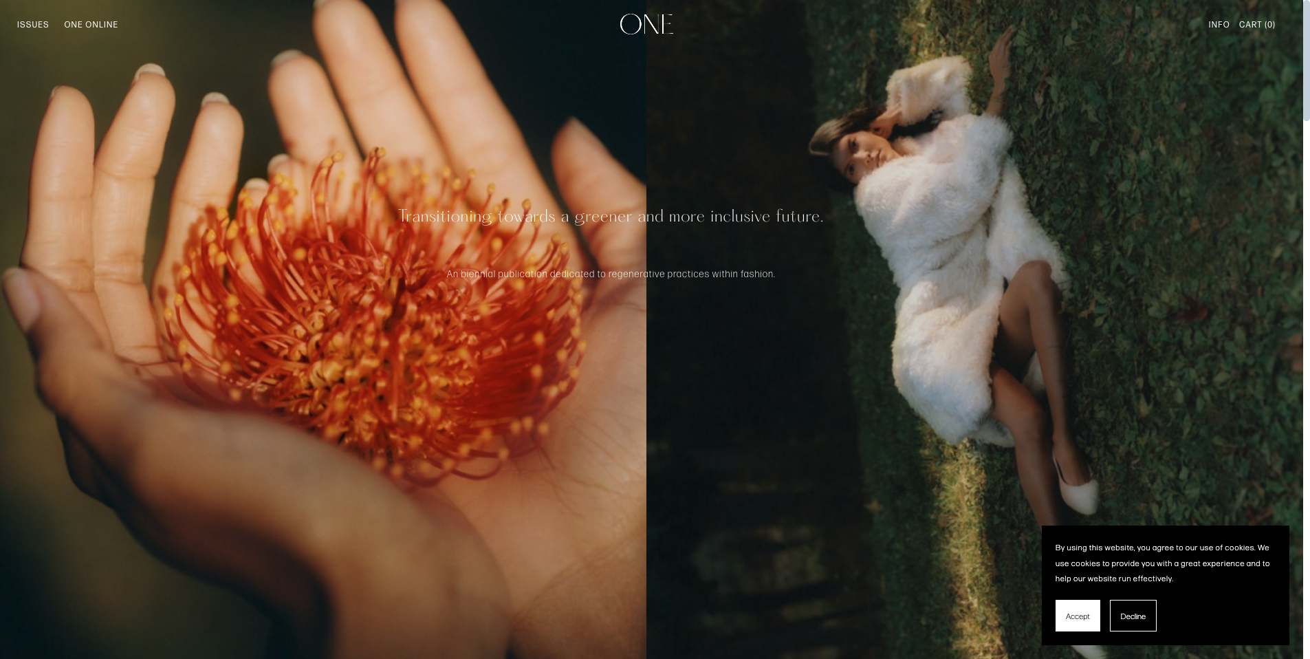 Homepage of One Magazine featuring editorial photography with a close-up of a flower and a model reclining in a fur coat, emphasizing sustainability and design-forward content.