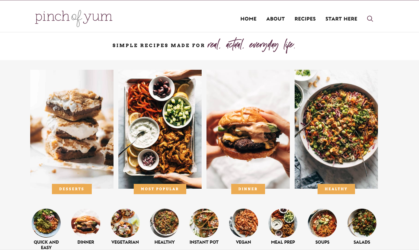 Homepage of Pinch of Yum featuring a clean design with categories like dinner, desserts, and healthy recipes. Includes high-quality photos and casual, readable layout.