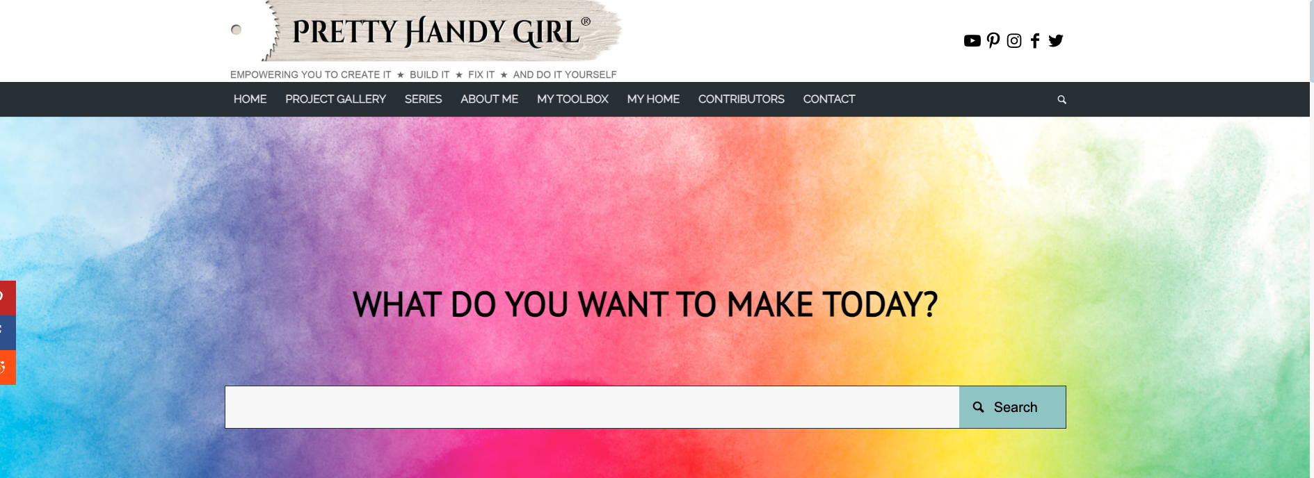 Homepage of Pretty Handy Girl blog with a colorful background and a search bar, offering tutorials on home repairs, furniture builds, and craft projects.