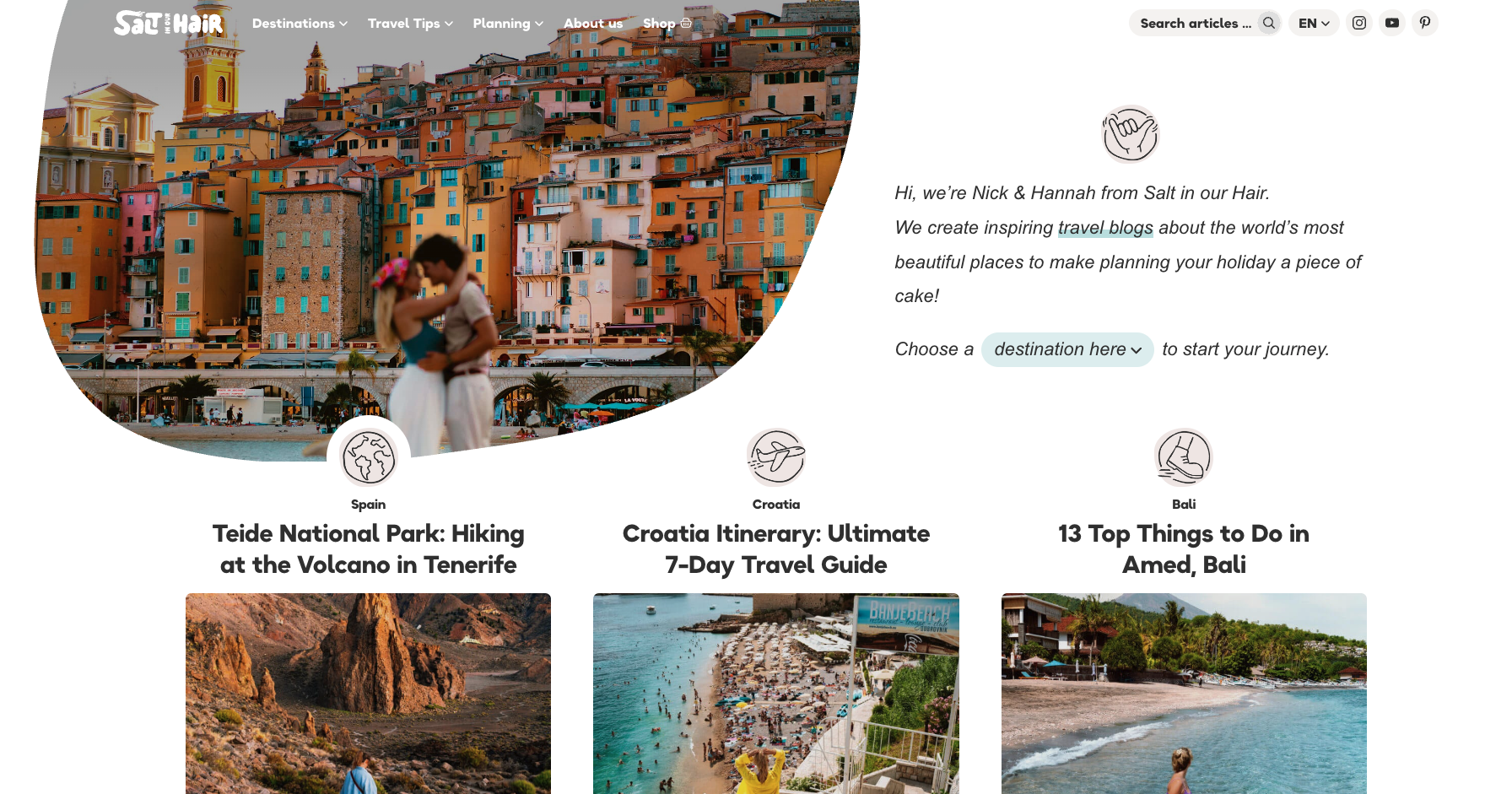 Homepage of Salt in Our Hair showcasing colorful coastal town imagery, interactive destination links, and travel guides, emphasizing design-driven and eco-friendly travel. 