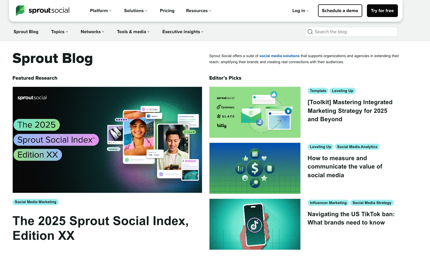 Homepage of Sprout Social Insights blog featuring templates, strategy articles, and the 2025 Sprout Social Index with visuals and research highlights.