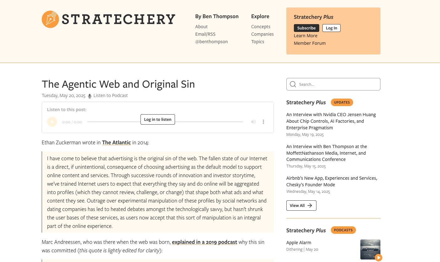 Homepage of Stratechery featuring a long-form article and podcast player, focused on tech business models, content economics, and digital trends.