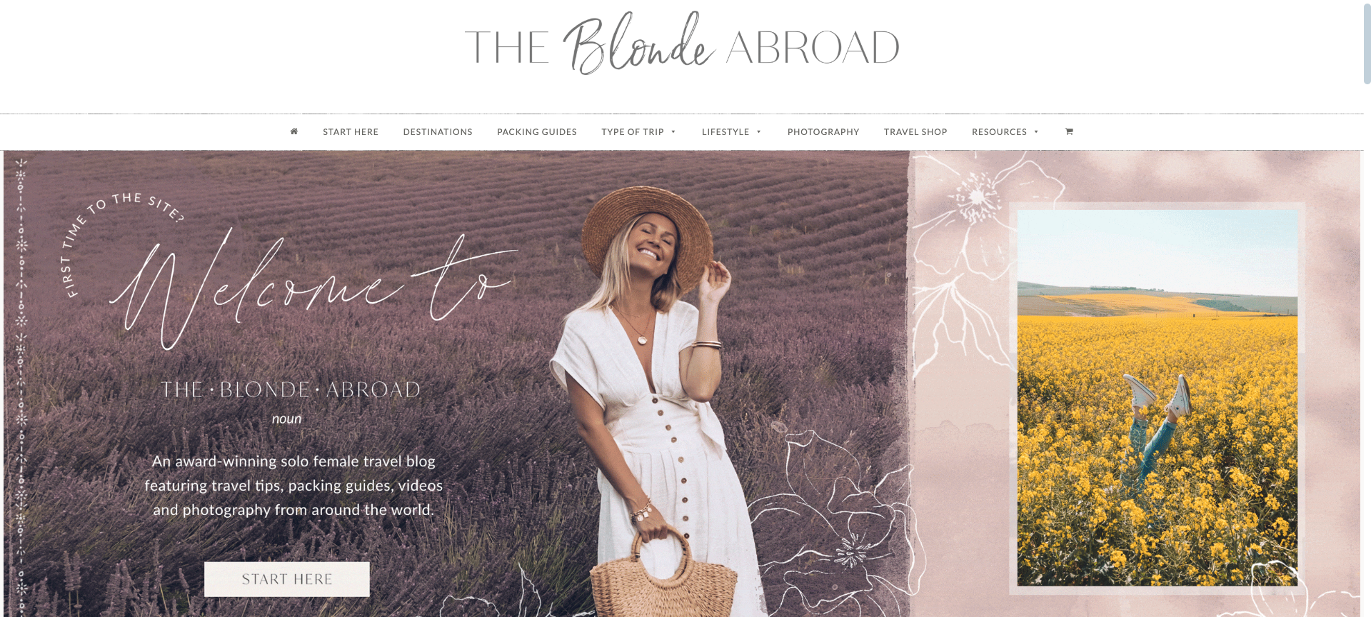 Screenshot of The Blonde Abroad blog homepage with Kiersten Rich in a white dress, standing in a lavender field, promoting travel tips for solo female travelers.