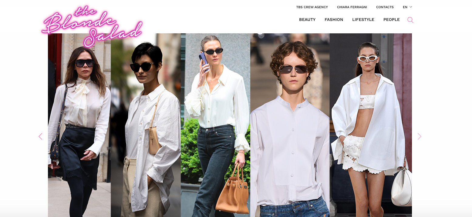 Homepage of The Blonde Salad featuring Chiara Ferragni in multiple fashion looks, showcasing modern influencer style and lifestyle blogging.