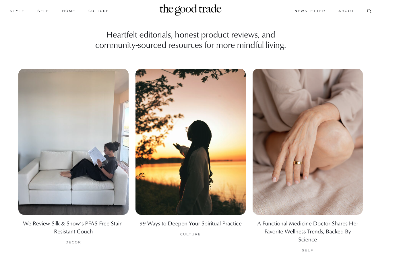 Homepage of The Good Trade blog featuring articles on sustainable furniture, spiritual practice, and wellness trends, with a calm and minimalist design layout.