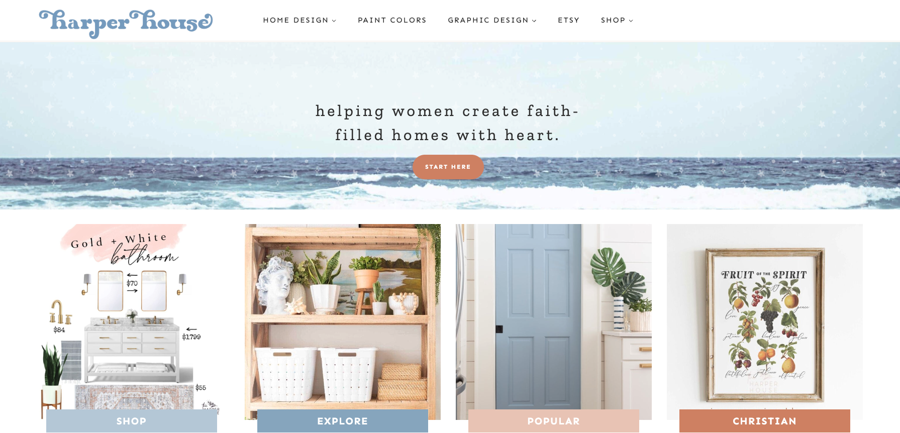 Homepage of The Harper House featuring soft pastel home decor projects and detailed renovation content for DIY interior design and faith-based living.