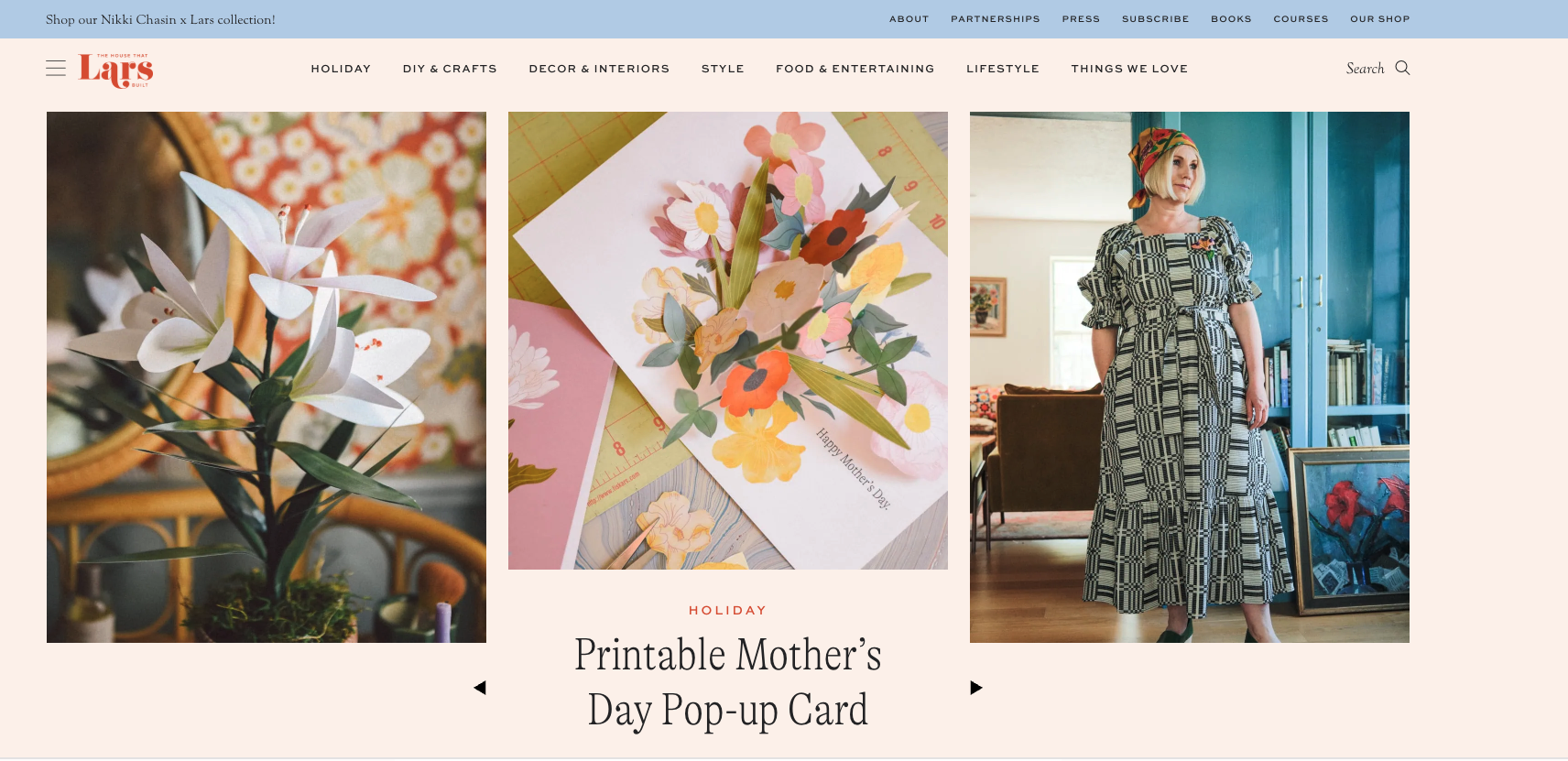 Homepage of The House That Lars Built, displaying floral crafts and colorful decor with creative projects like Mother's Day cards and party styling.
