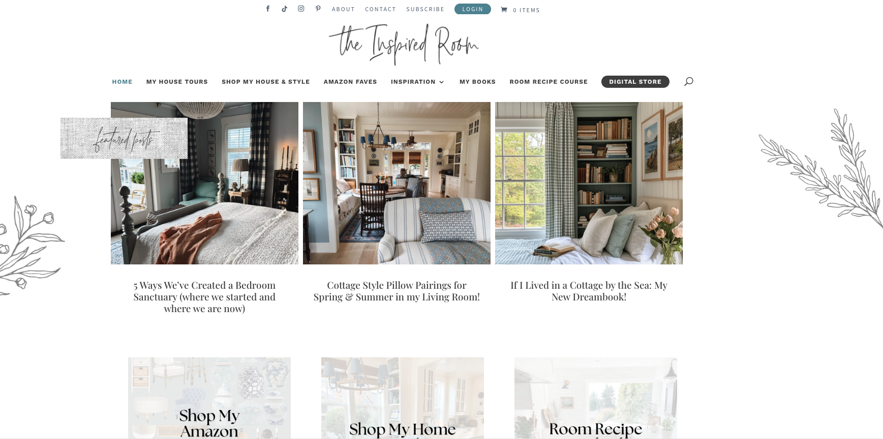 Homepage of The Inspired Room with photos of calm, cozy interior spaces and minimalist decor tips, designed for livable and uncluttered home styling.