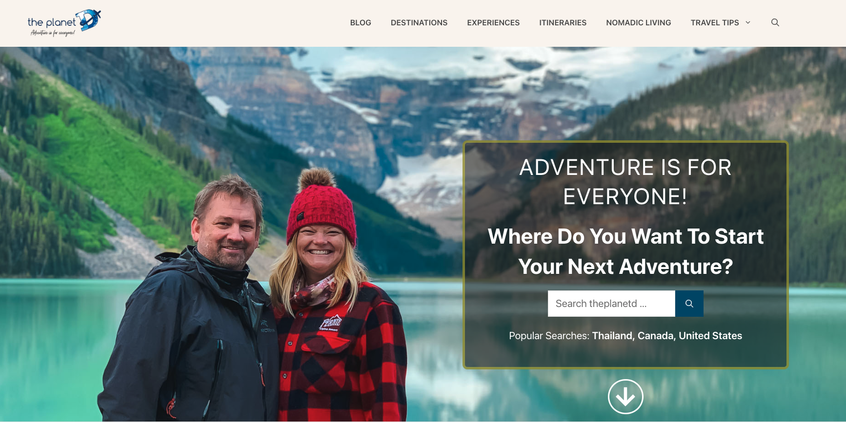 Homepage of The Planet D blog featuring a travel search tool and a background photo of the authors in front of a glacial lake, highlighting global adventure travel content.