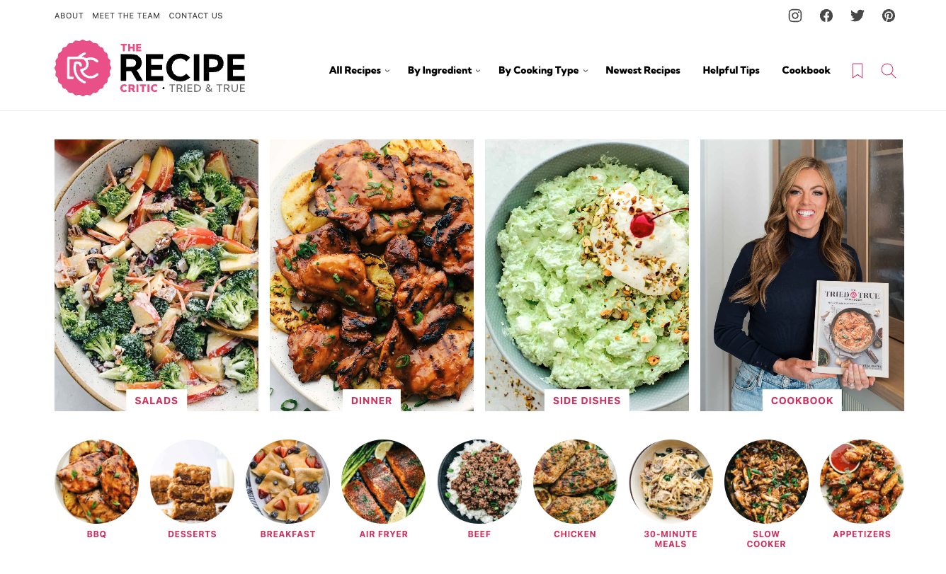 Homepage of The Recipe Critic featuring large food images, cooking categories, and a sidebar photo of creator Alyssa Rivers holding her cookbook.
