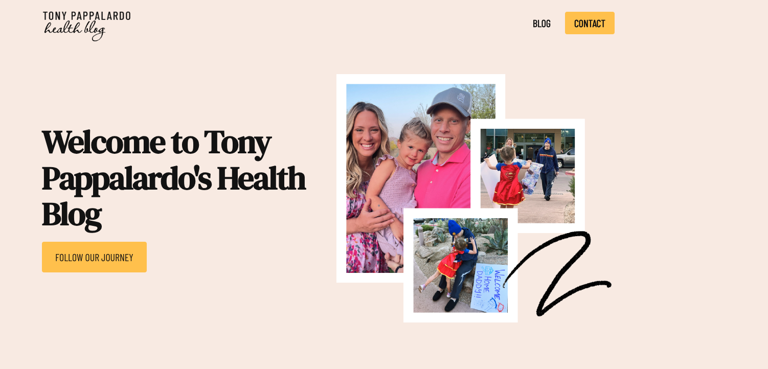 Homepage screenshot of Tony Pappalardo’s Health Blog featuring family photos and the blog title, focused on sharing personal stories about cancer recovery and health.