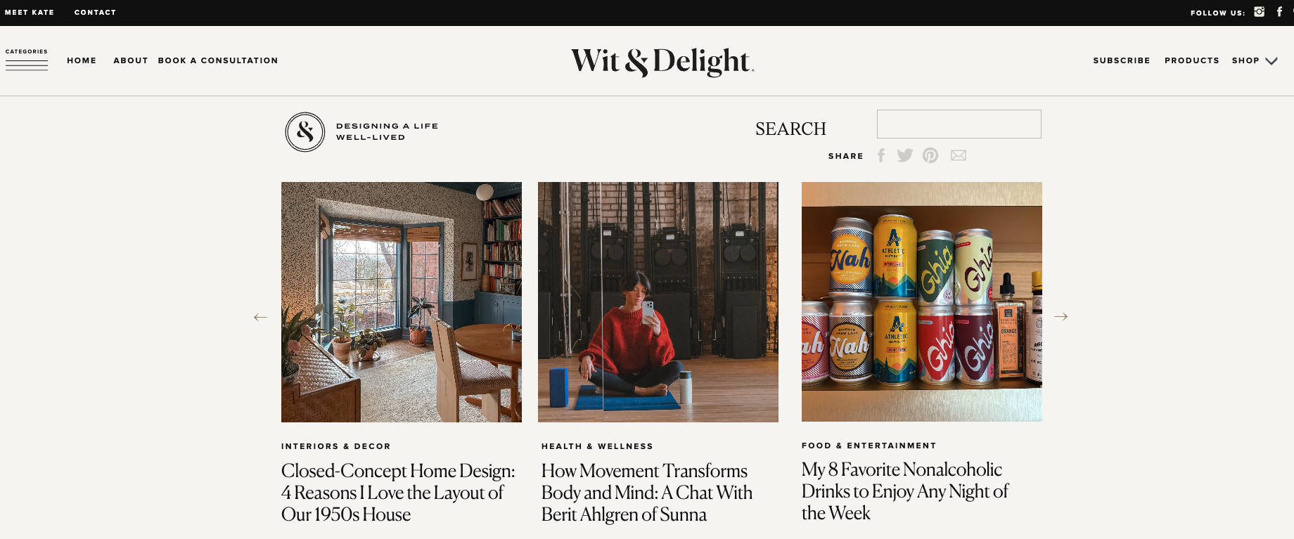 Homepage of Wit & Delight blog showcasing modular content on home design, mental health, and wellness, with a clean grid-based layout and monochrome branding.