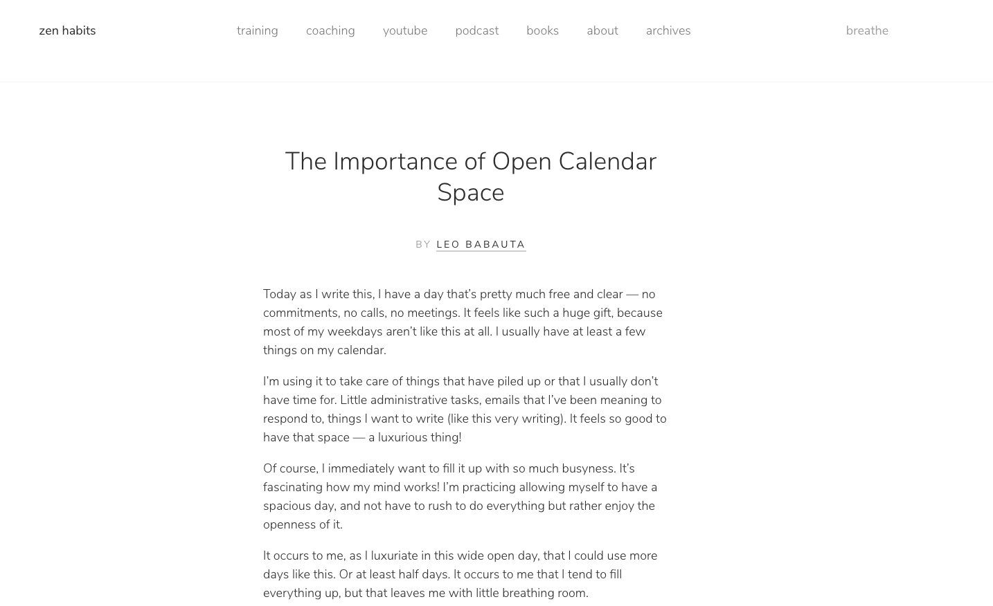 Screenshot of a minimalist blog post titled "The Importance of Open Calendar Space" from Zen Habits by Leo Babauta, with a white background and calm, text-heavy layout.