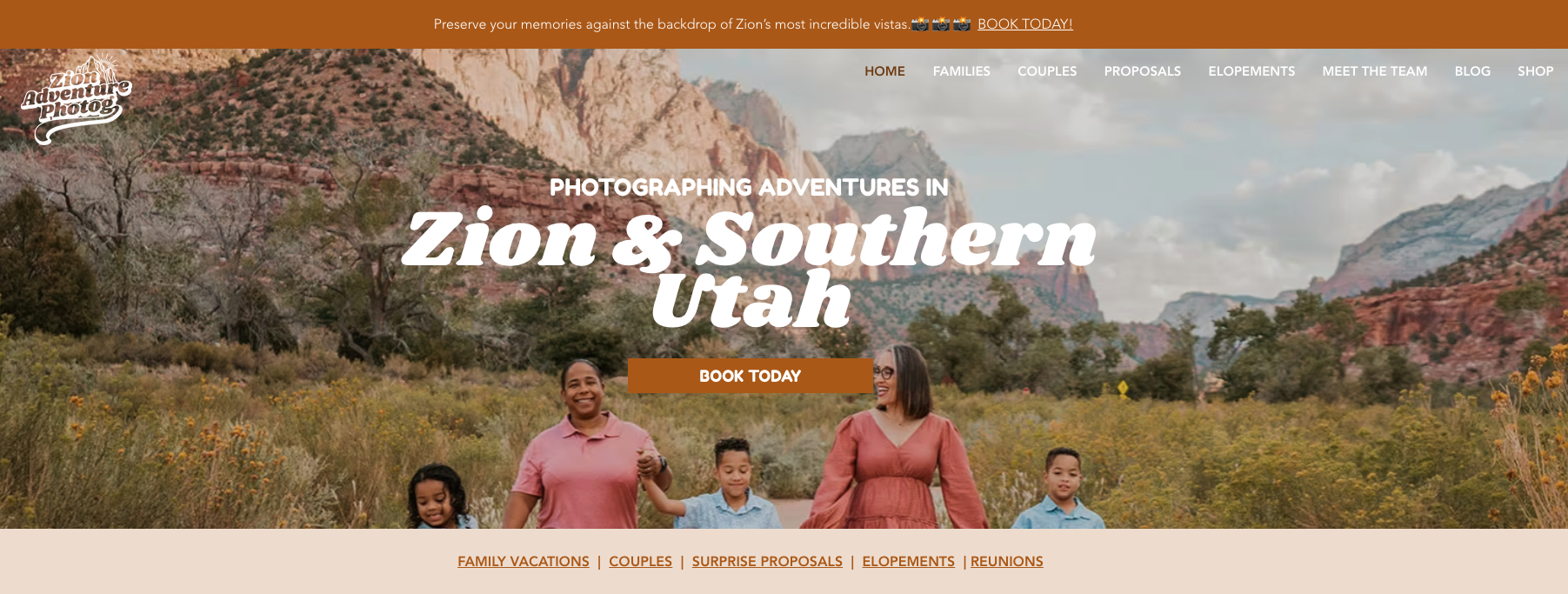 Homepage of Zion Adventure Photog featuring a family portrait session in Zion National Park, highlighting blog content, services, and client stories.