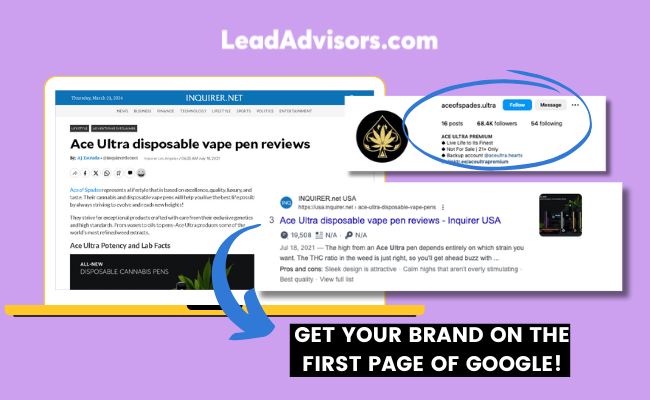 Press release campaign by LeadAdvisors showcasing Ace Ultra vape pen review ranking on the first page of Google.