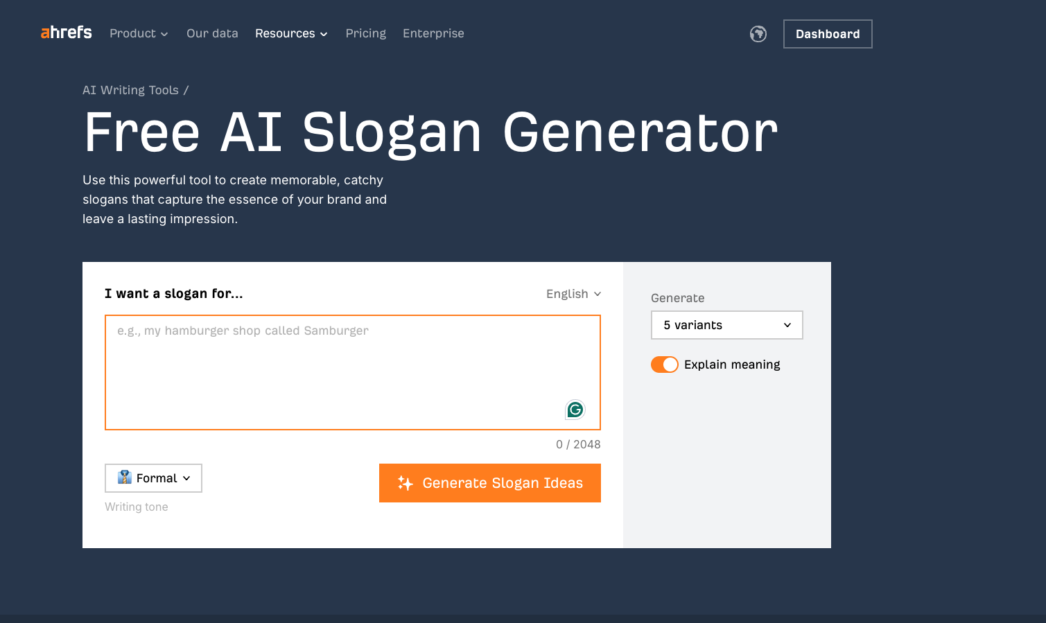 Screenshot of Ahrefs AI slogan generator showing slogan input box, tone selector, and generate button for SEO-focused brand messaging