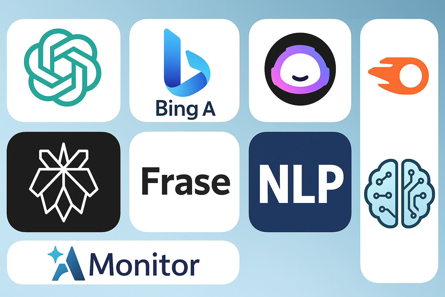 Collage of top AI and SEO tools including ChatGPT, Bing AI, Jasper, Semrush, Frase, and NeuronWriter, used for content creation, optimization, and performance analysis.